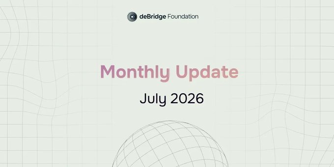The image displays a deBridge Foundation "Monthly Update" header graphic for July 2026, featuring a light pink and gray minimalist design with a wireframe globe element. It serves as the cover slide for the tweet summarizing deBridge's monthly performance, including milestones like 10+ million transactions and $492M+ cross-chain trading volume.