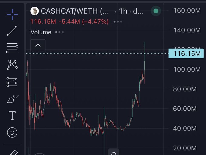 A cryptocurrency trading chart displaying the 'CASHCAT/WETH' pair on a 1-hour timeframe, with the current volume at 116.15M, showing a -5.44M (-4.47%) change.