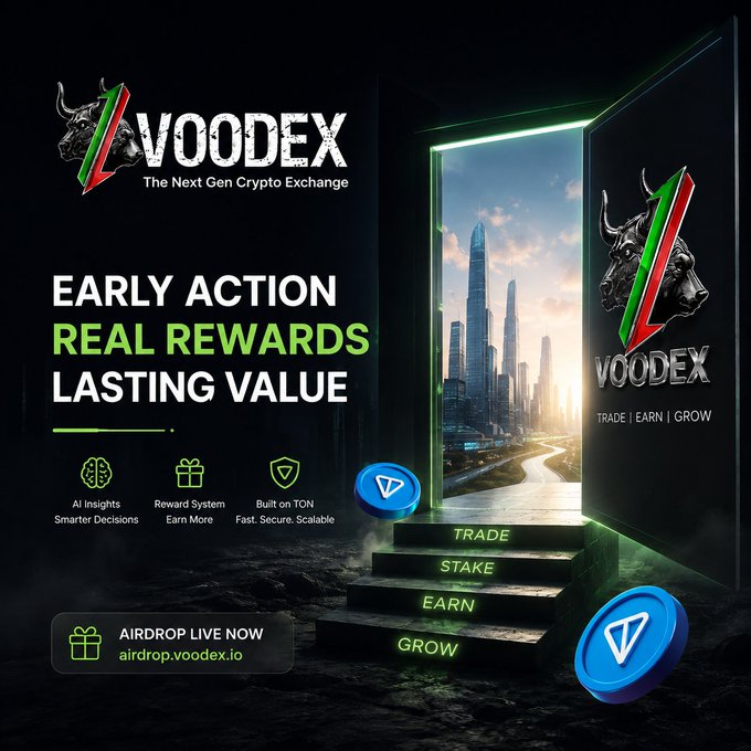 A promotional graphic for 'VOODEX - The Next Gen Crypto Exchange,' featuring a bull logo, the slogans 'EARLY ACTION, REAL REWARDS, LASTING VALUE,' 'AIRDROP LIVE NOW airdrop.voodex.io,' and icons for AI insights, a reward system, and TON-built features.