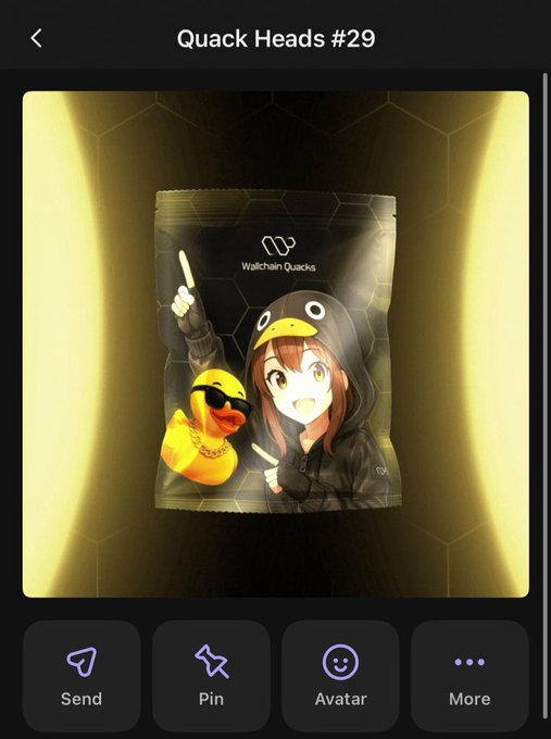 A digital collectible called "Quack Heads #29" from the Walchain Quacks collection, displayed on a glowing background, showing a cartoon girl in a duck hoodie next to a sunglasses-wearing rubber duck.