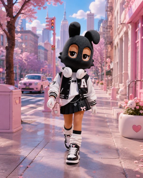 A 3D-rendered character wearing a black hood with large eyes, a varsity jacket with the letter 'A', and a pleated skirt walks down a pink-themed city street lined with cherry blossom trees.