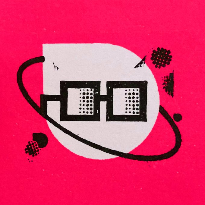 A stylized graphic on a hot pink background featuring pixel-art black sunglasses with dotted lenses inside a white shape, surrounded by an orbital line and halftone dots.