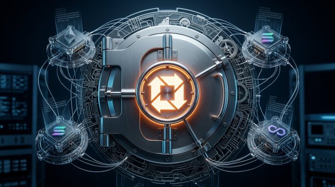 A futuristic vault or safe with a glowing orange emblem in the center, surrounded by floating digital panels displaying cryptocurrency logos like Ethereum, Solana, and others in a high-tech environment.