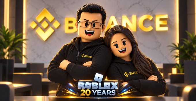 A 3D cartoon-style illustration depicts a smiling couple wearing black Binance hoodies, with the Binance logo behind them and 'ROBLOX 20 YEARS' text at the bottom.