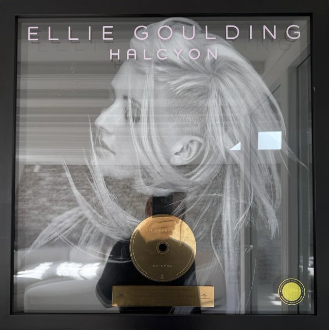 A framed gold record award for Ellie Goulding's album "Halcyon" hangs on a wall, featuring a black and white portrait of the singer.