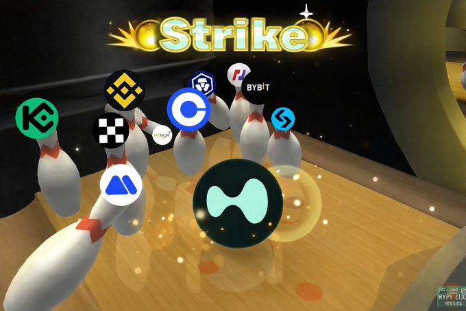 A 3D bowling game scene titled 'Strike' featuring cryptocurrency exchange logos including KuCoin, Binance, Bybit, Coinbase, and others placed on bowling pins.
