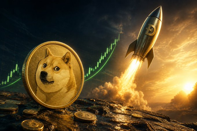 A digital illustration showing a gold Dogecoin coin with the Shiba Inu dog face, a rocket ship with a Dogecoin logo launching with flames, and a green upward-trending stock chart in the background.