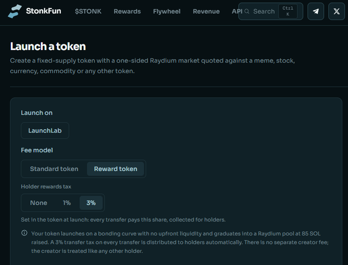 Screenshot of the StonkFun website showing a 'Launch a token' page with options to launch on LaunchLab, select a reward token fee model, and set a 3% holder rewards tax.