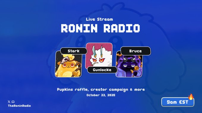 A blue promotional livestream graphic reads “Live Stream ROHIN RADIO,” featuring cartoon figures labeled “Stark,” “Gunlocke,” and “Bruce,” plus “PupKins raffle, creator campaign & more,” “October 22, 2026,” “9am EST,” and “TheRohinRadio.”