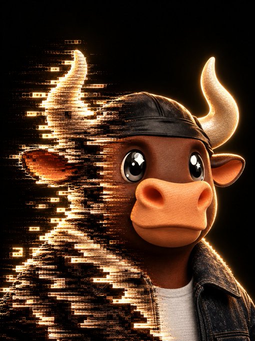 A digital artwork of an anthropomorphic bull character wearing a leather cap and denim jacket, with a portion of the image dissolving into glowing, golden digital pixel streams against a dark background.