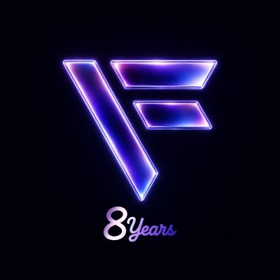 A glowing neon logo for 'V8' with the text '8 years' beneath it, set against a dark background.