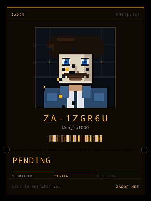 A digital ID card for 'ZADDR' displays a pixel art character with the code 'ZA-1ZGR6U' and the handle '@sajib1006', currently marked 'PENDING' in the 'REVIEW' stage.