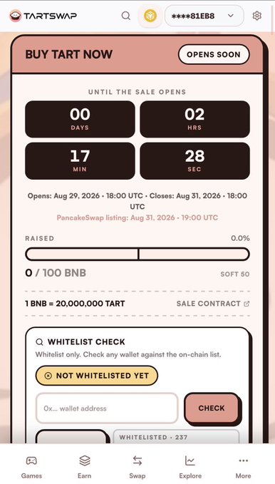 A TART SWAP mobile interface shows a 'BUY TART NOW' countdown timer with 00 days, 02 hours, 17 minutes, 28 seconds remaining, opening Aug 29, 2026.