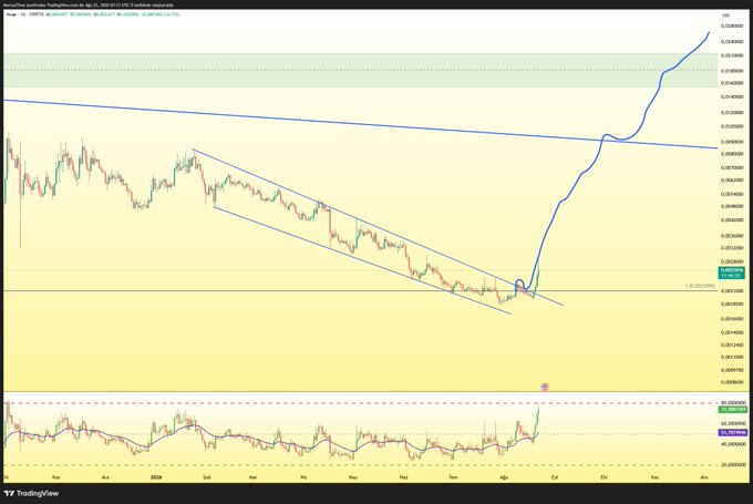 This is a cryptocurrency price chart for $XVG, showing a significant upward trend after a period of decline. The image visually supports the post's message by depicting the "glorious path of its rise" as a steep, optimistic curve.