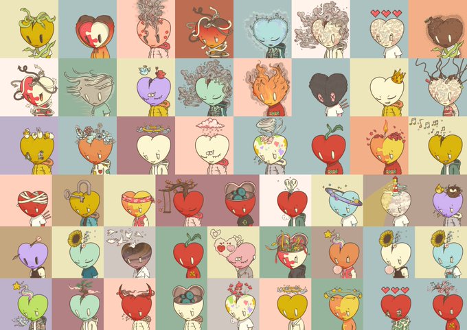 A grid collage of colorful, illustrated cartoon characters featuring large head shapes like fruits, hearts, and flames, created in a cute, expressive art style.