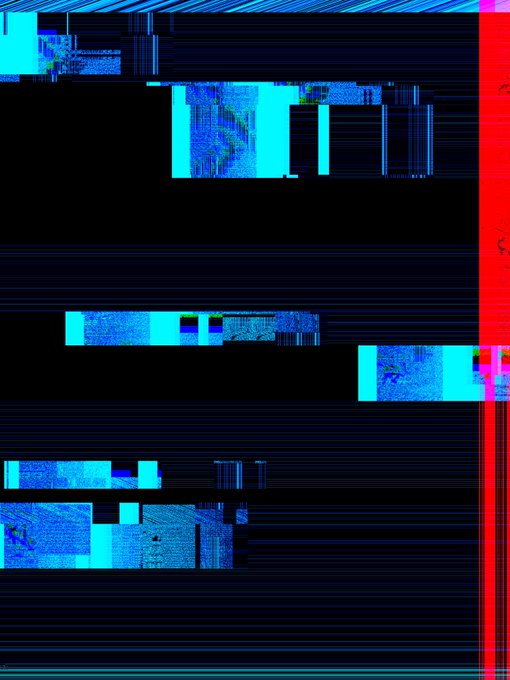 The image appears to be a heavily glitched or corrupted digital file, displaying fragmented cyan and blue pixelated patterns against a black background with a red vertical bar on the right edge. The accompanying text "032 edition of 10 - 7.5 tez" suggests this is likely a generative or NFT artwork where the digital corruption is part of the intended aesthetic, possibly representing an edition number and cryptocurrency (Tezos) pricing.