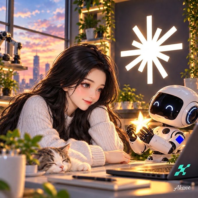 A digital illustration of a young woman with long dark hair in a white sweater leaning on a desk next to a sleeping cat and a cute robot holding a glowing star, with a large starburst logo behind them and the text 'Akane' in the corner.