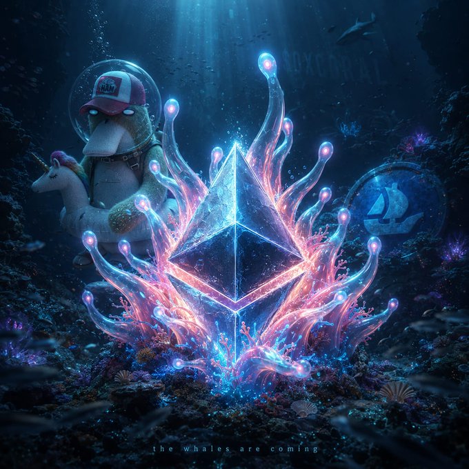 The image features a 3D rendering of a mermaid with an unicorn, surrounded by a coral reef filled with fish and other sea creatures. The mermaid appears to be wearing a hat and holding a sword, while the unicorn has wings on its back. In the background, there are two coins floating in the water, one blue and one green. The image also includes text that reads "The whales are coming", which could potentially be a reference to the current state of the cryptocurrency market or an artistic statement about the merging of technology and nature.