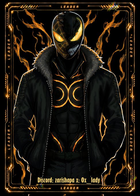 Stylized illustration of a dark, fiery character in a Spider-Man-inspired black suit with glowing orange eyes and chest emblem, wearing a fur-collared jacket, labeled 'LEADER' with Discord handles 'zarishapa' and 'Ox_lady'.
