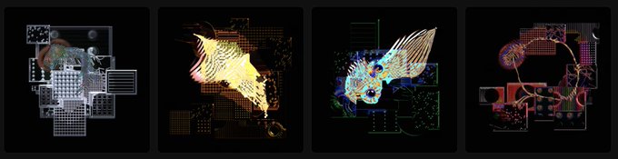 Four side-by-side dark-themed digital artworks featuring abstract creatures and bird-like figures composed of neon grids, particles, and geometric shapes.