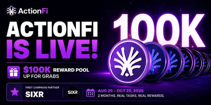 A promotional banner for ActionFi announcing it is live, featuring a $100K reward pool campaign in partnership with SIXR, running from August 25 to October 25, 2026.