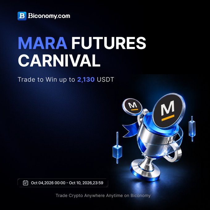 A promotional banner for 'Biconomy.com' advertising a 'MARA FUTURES CARNIVAL' trading event offering up to 2,130 USDT, running Oct 04–Oct 10, 2026, featuring a 3D trophy design with 'M' logos.