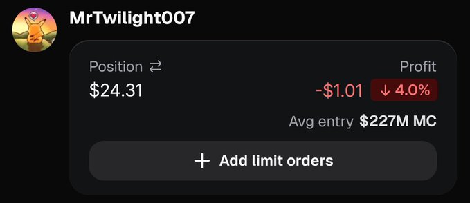 A trading interface displays a position for user MrTwilight007 with a value of $24.31 and a profit of -$1.01, showing a 4.0% decrease at a $227M market cap.