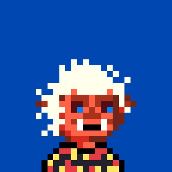 A pixel-art illustration depicts a character with messy white hair, blue eyes, and a red and yellow outfit against a solid blue background.