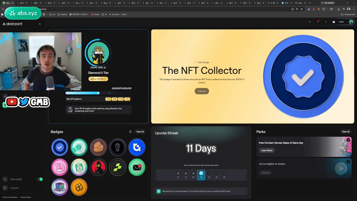 The image shows a computer screen displaying a webpage about The NFT Collector, which is part of a social media platform called Abstract Chain. The webpage features a chat window where users can interact with each other or ask questions related to the content on the page. There are also several icons and buttons on the screen that provide additional information about the platform's features and services.