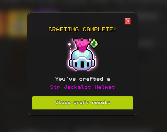 A pixel-art video game 'CRAFTING COMPLETE!' notification screen showing a purple helmet and the text 'You've crafted a Sir Jackalot Helmet' with a 'Close craft result' button.