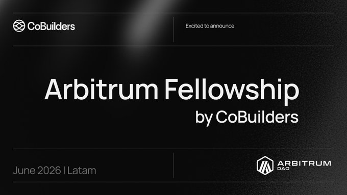 The image features a black background with white text that reads "Arbitrum Fellowship by COBUILERS". The text is arranged in a blocky layout, with the title of the post being prominently displayed at the top. Below this, there are two smaller descriptions providing more information about the program. The main focus of the image is on the text and its arrangement, which highlights the content of the post.