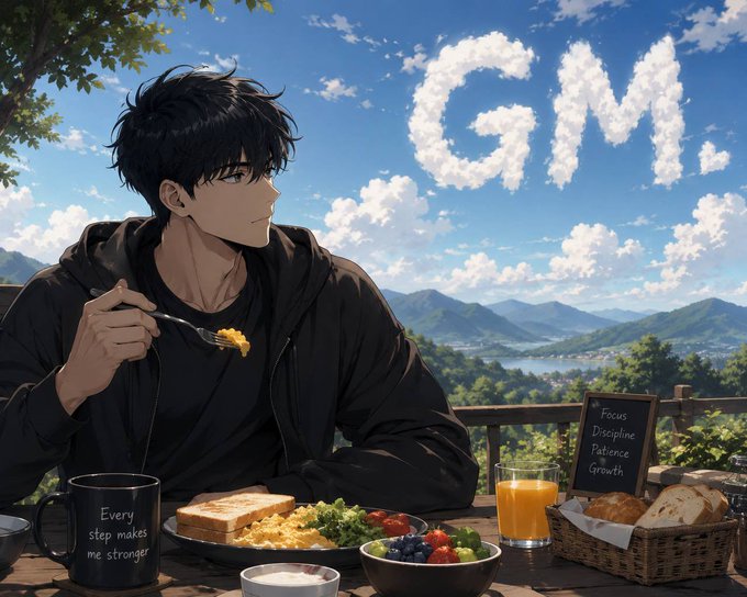 Anime-style illustration of a young man in black sitting at a balcony breakfast spread with toast, eggs, and fruit, under the word 'GM' written in the clouds, with motivational text like 'Every step makes me stronger' and 'Focus Discipline Patience Growth' visible.