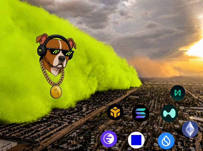 The image features a cartoon pitbull wearing pixelated "deal with it" sunglasses and a gold "D" chain, leaving a trail of green smoke across a cityscape at sunset, alongside various crypto logos including BNB, Solana, Ethereum, and others. This meme-style graphic visually reinforces the post's "LFG $GOOD ON A MOON MISSION BABY" rallying cry, with the dog "blasting off" toward the moon in classic crypto hype fashion.