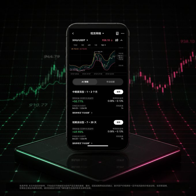 A smartphone displaying a cryptocurrency trading app showing XMU/USDT at ¥938.10 with chart data and AI strategy options with return rates of +50.77% and +49.90%, set against a dark background with pink and green candlestick charts.