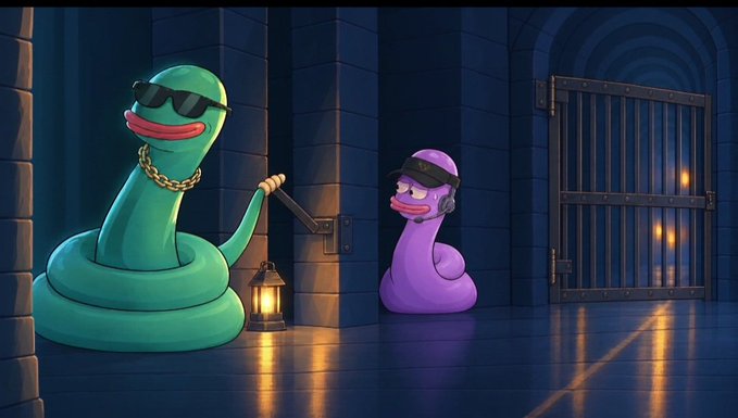 A digital illustration of two cartoon snakes in a dungeon-like setting—one green snake wearing sunglasses and a gold chain holding a lantern, and a smaller purple snake wearing a pink cap.