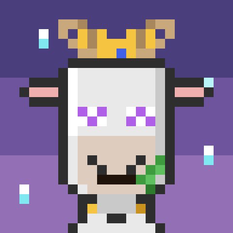 A pixel art character of a bearded king wearing a gold crown and a white fur-trimmed robe, with glowing purple eyes against a purple background.