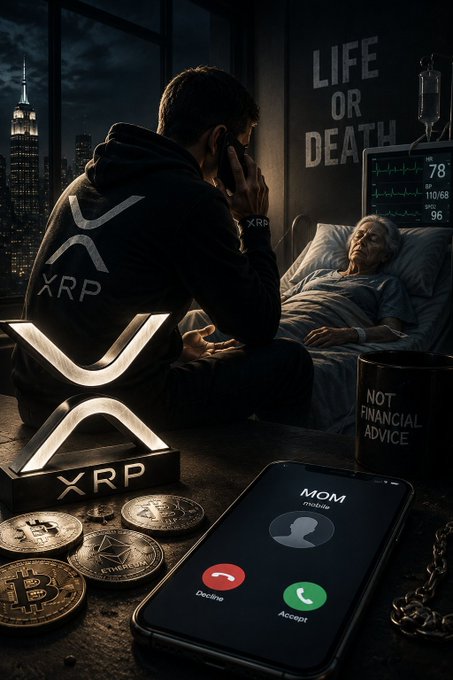 A dark crypto-themed artwork showing a hooded XRP figure on the phone as an elderly patient lies in a hospital bed; nearby is a phone calling 'MOM,' XRP and Bitcoin coins, and a 'NOT FINANCIAL ADVICE' mug.
