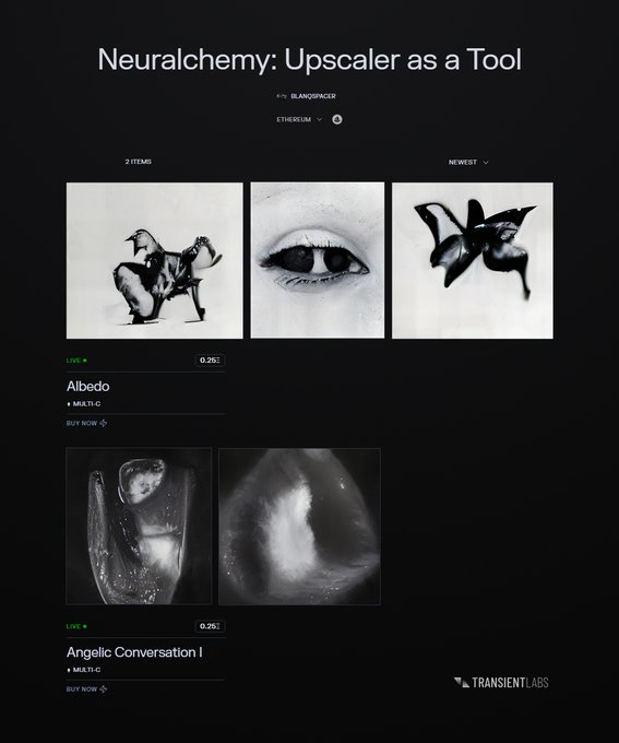 A screenshot of a website titled 'Neuralchemy: Upscaler as a Tool' showing AI-generated art pieces for sale on the Ethereum blockchain, including 'Albedo' and 'Angelic Conversation I'.