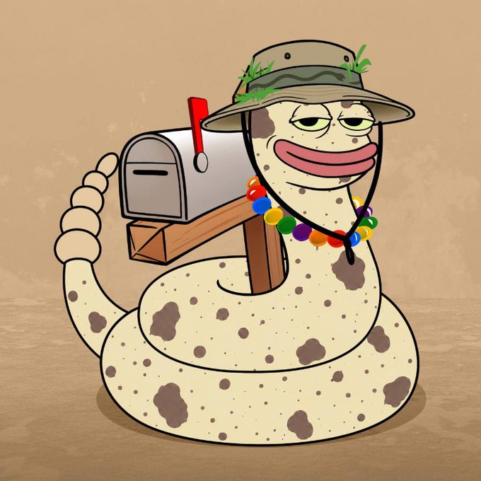 A cartoon illustration of a speckled snake wearing a camouflage hat, a beaded necklace, with a mailbox mounted on its back.