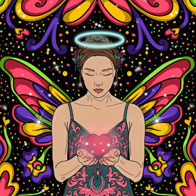 A colorful psychedelic illustration of a woman with butterfly wings and a halo holding a glowing heart.