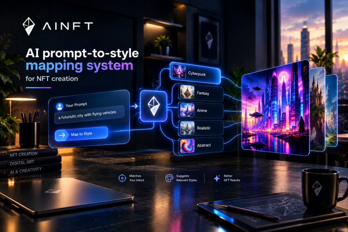 A promotional graphic for 'AINFT' featuring an AI prompt-to-style mapping system with style options including Cyberpunk, Fantasy, Anime, Realistic, and Abstract.