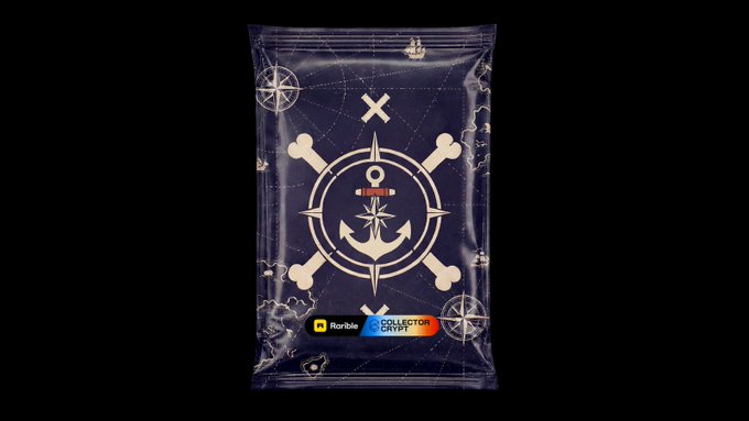 A sealed digital collectible pack from the "One Piece Rarible Collector Crypto" promotion, featuring a navy blue design with a crossbones-and-anchor emblem and treasure map details. The packaging visually represents the gacha-style digital card packs referenced in the post, which can be cracked open at rarible.com/gacha/one-piece.
