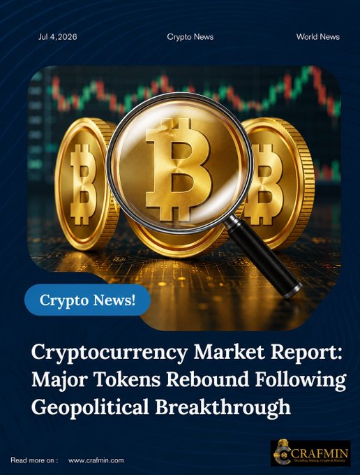 A crypto news article dated 'Jul 4, 2026' titled 'Cryptocurrency Market Report: Major Tokens Rebound Following Geopolitical Breakthrough' from CRAFMIN, featuring gold Bitcoin coins and a magnifying glass.