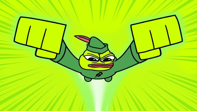 A cartoon green character with oversized blocky green fists raised triumphantly in a fighting pose against a bright lime-green burst background, evoking a powerful and victorious mood to hype the $500 PENPE coin giveaway announcement.