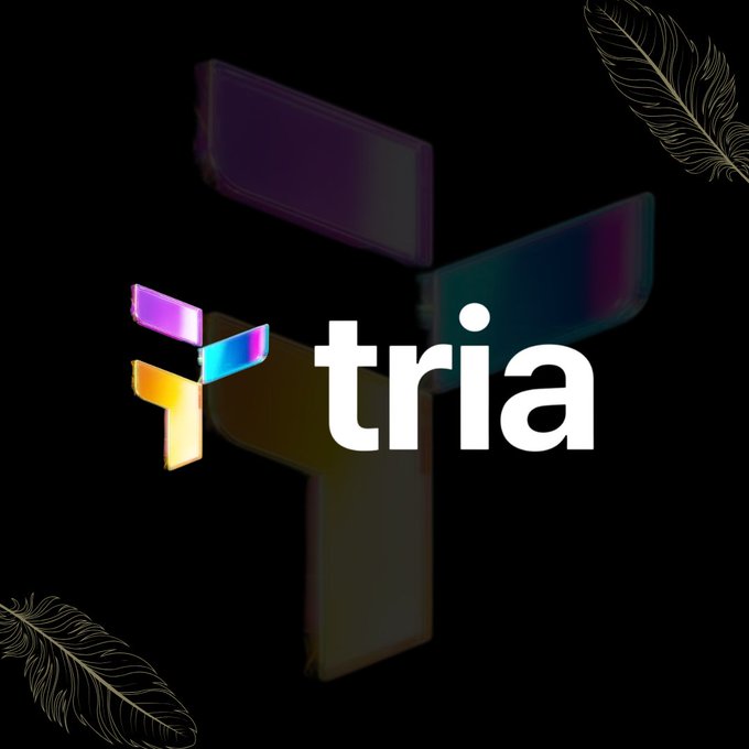 The image features a logo with the word "Tria" written in white letters, surrounded by a border of gold feathers. The text "Good day X fmy @useTria is helping simplify the user experience by focusing on clarity, speed and ease of use across its ecosystem". This design choice emphasizes the simplicity and effectiveness of the platform being advertised.
