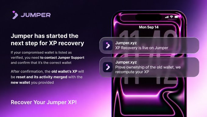 A Jumper announcement graphic explains their next step for XP recovery, instructing users to contact Jumper Support to verify their wallet, after which the old wallet's XP will be reset and merged with a new one.