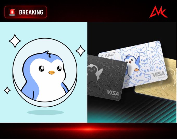 Breaking news graphic featuring a cartoon penguin mascot on the left and three 'KAST' Visa payment cards (standard, prestige, and gold tier) on the right.