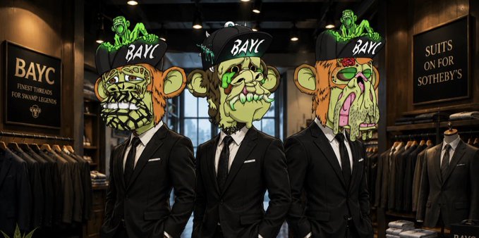 Three Bored Ape Yacht Club (BAYC) Mutant Apes wearing black suits and "BAYC" caps stand inside a high-end menswear shop, with signage reading "BAYC: Finest Threads for Swamp Lurkers" and "Suits On for Sotheby's" visible in the background, illustrating the post about a member adding three suited-up mutant apes to their NFT collection.