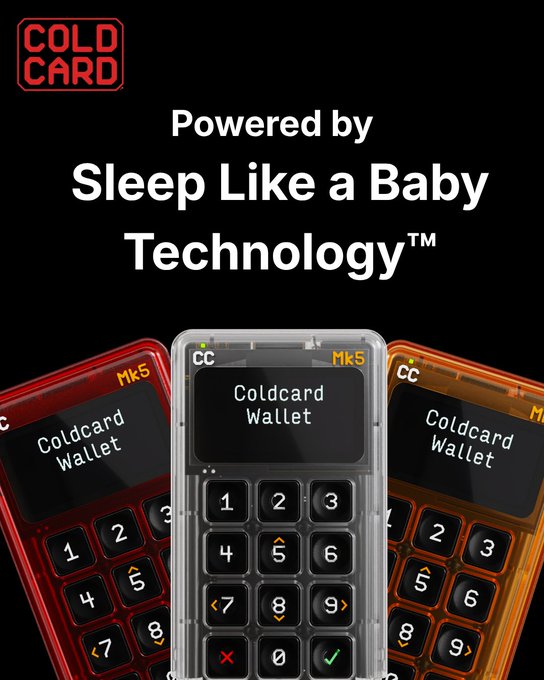 An advertisement for COLDCARD Mk5 hardware wallets shows three devices (red, clear, and orange) with the text 'Powered by Sleep Like a Baby Technology™' and 'Coldcard Wallet' on their displays.