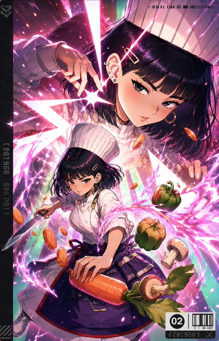 Anime-style illustration featuring two chefs in white hats, one wielding a knife while slicing carrots and vegetables amid vibrant pink energy effects, with visible text "02" and "CB1960".